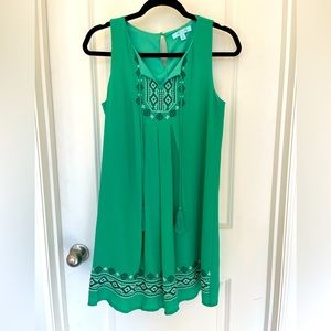 She and sky sleeveless dress, teal with embroidered neckline. Size S